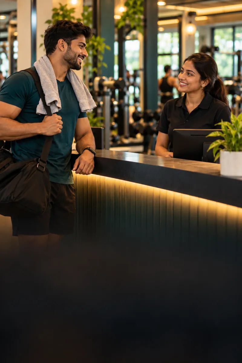 A member being welcomed at a gym front desk